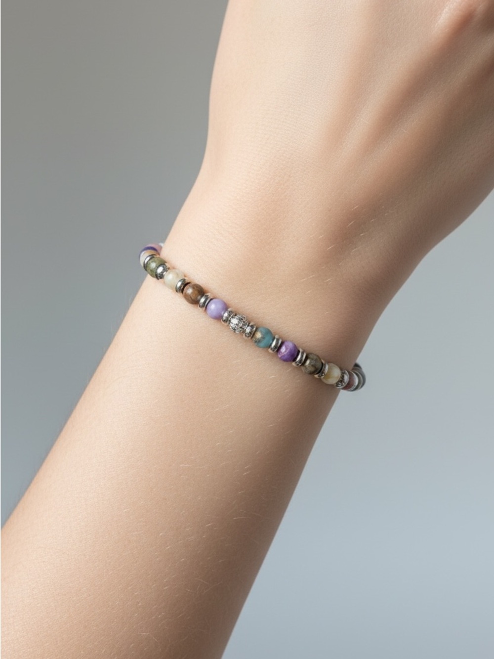 10/8 Multi-Color Beaded Stretch Bracelet with Silver Accents